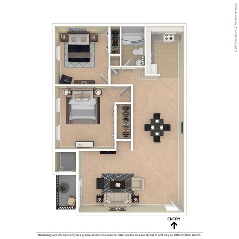 A floor plan of a room with a kitchen, living room, and bathroom.
